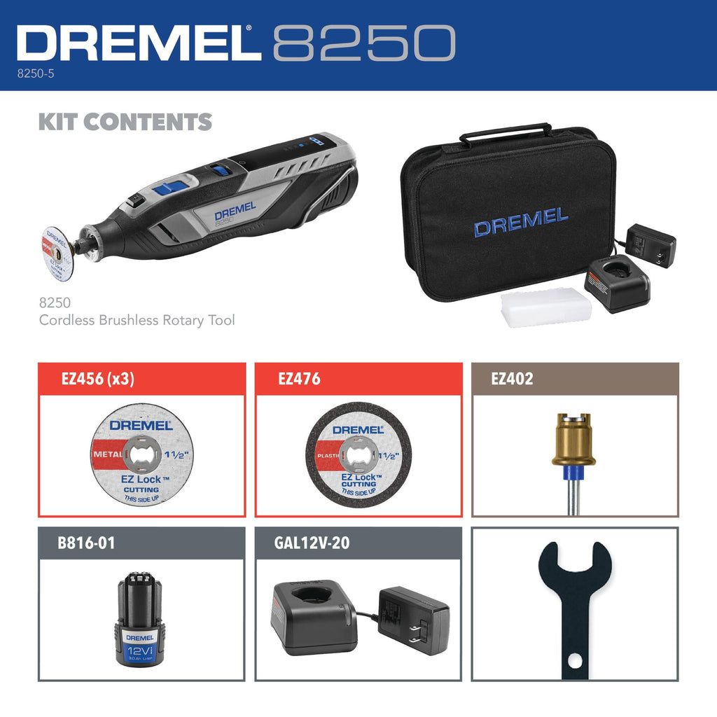Dremel 8250-5 12V Cordless Rotary Tool with Brushless Motor and Lithium Ion Battery