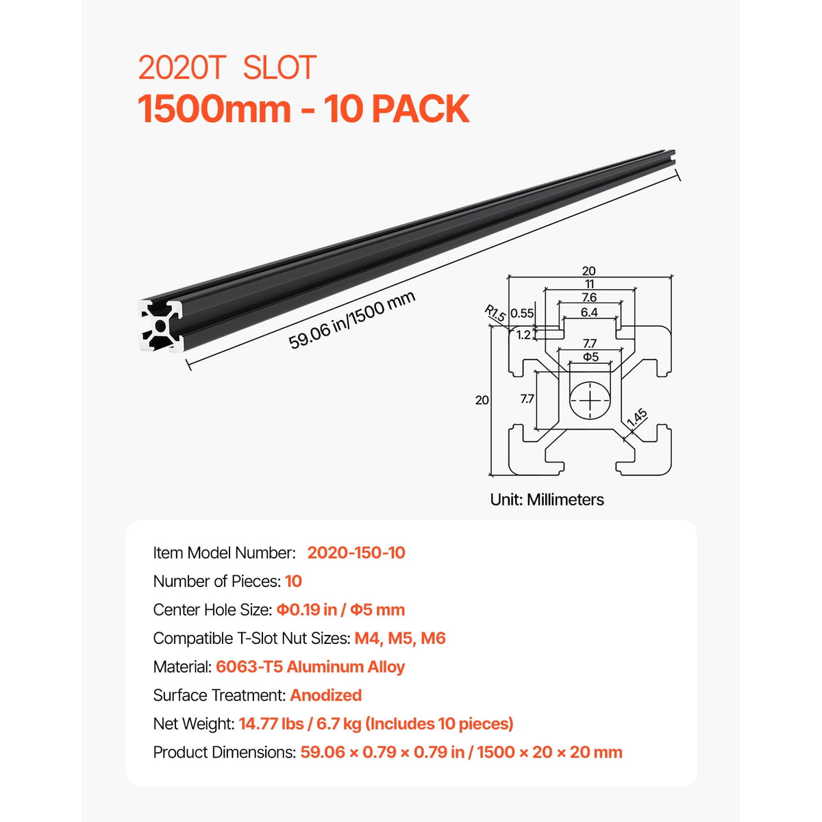 KFFKFF Set of 10, 59-inch (1500 mm) 2020 T Slot Aluminum Extrusion Profile, European Standard Anodized Linear Rail, Robust Extruded Aluminum Rail for 3D Printer, CNC Machine DIY, Laser Engraving