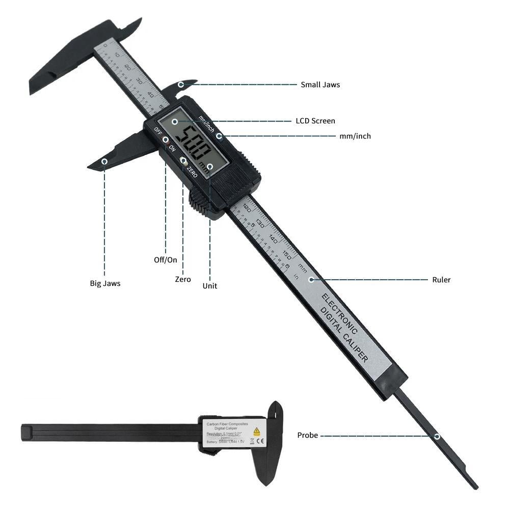 Digital Caliper 150mm 6 Inch High Precision Carbon Fiber Electronic Vernier Caliper 3 in 1 Measuring Tool Large LCD Screen Lightweight Non Marring for Jewelry Crafts