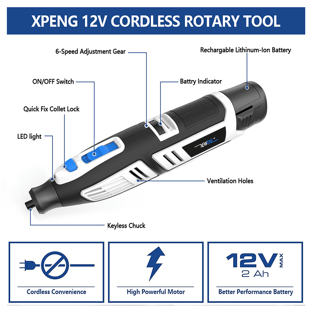 NEWONE 12V Cordless Rotary Tool Kit 6 Variable Speeds 5000-25000 RPM 104 PCS Accessories for Sanding, Polishing, Carving, Cutting, Drilling and DIY Crafts