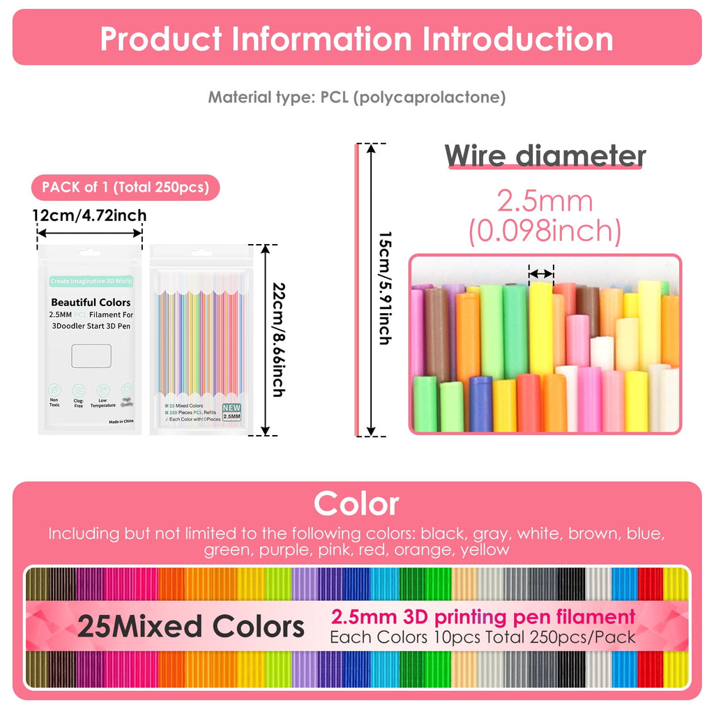 Tmwefusc 300 Pcs 2.5mm 3D Pen PCL Refill Assorted Color Resealable 3D Printer Filament Refill for Kid