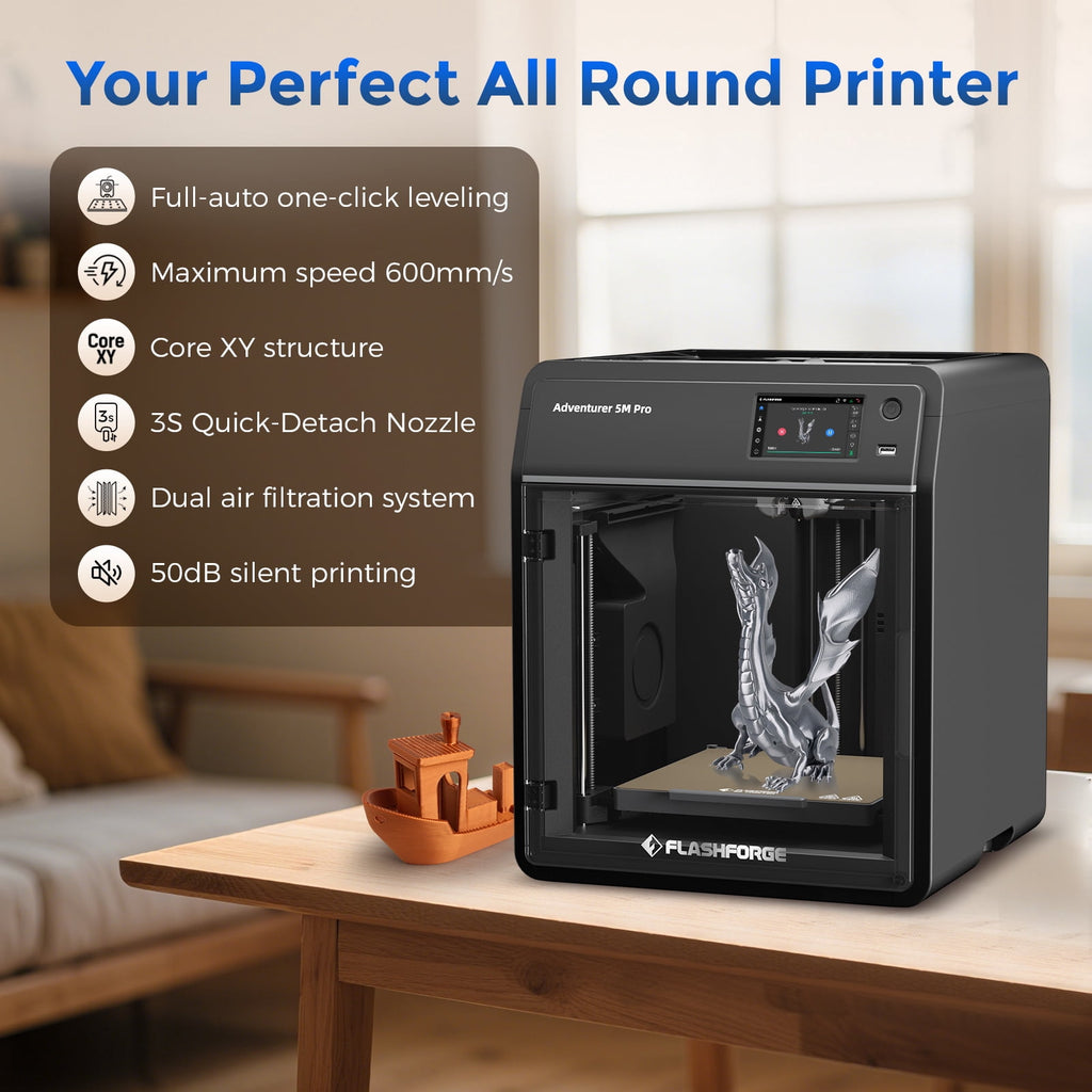 Flashforge Adventurer 5M Pro High Speed PLA, FLEXIBLE, ABS 3D Printer with Quick-Release Nozzles & 50dB Casing