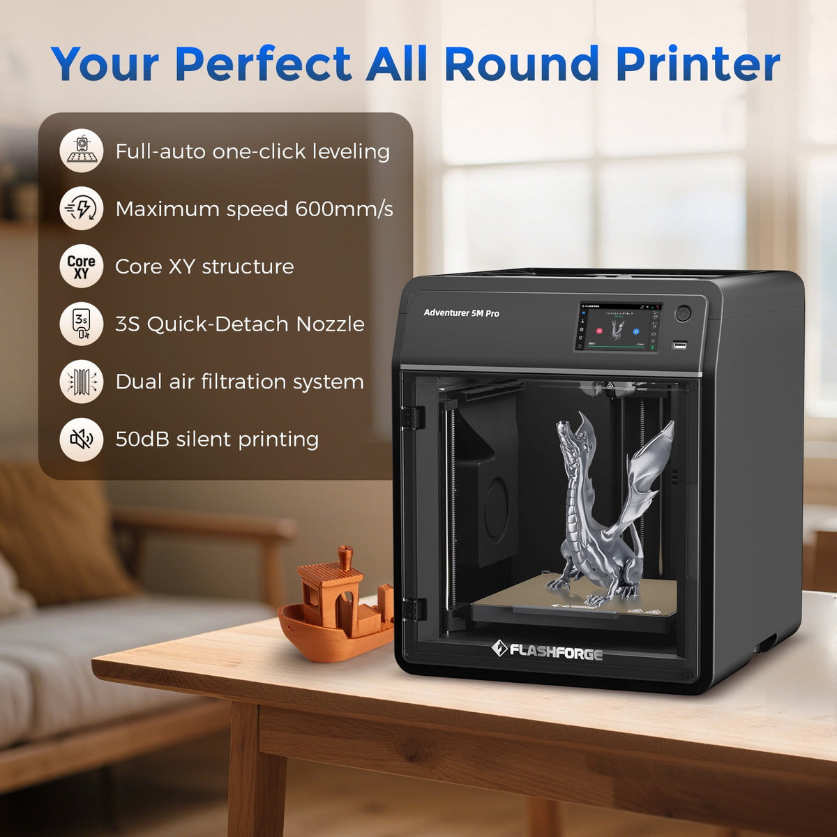 Flashforge Adventurer 5M Pro High Speed PLA, FLEXIBLE, ABS 3D Printer with Quick-Release Nozzles & 50dB Casing