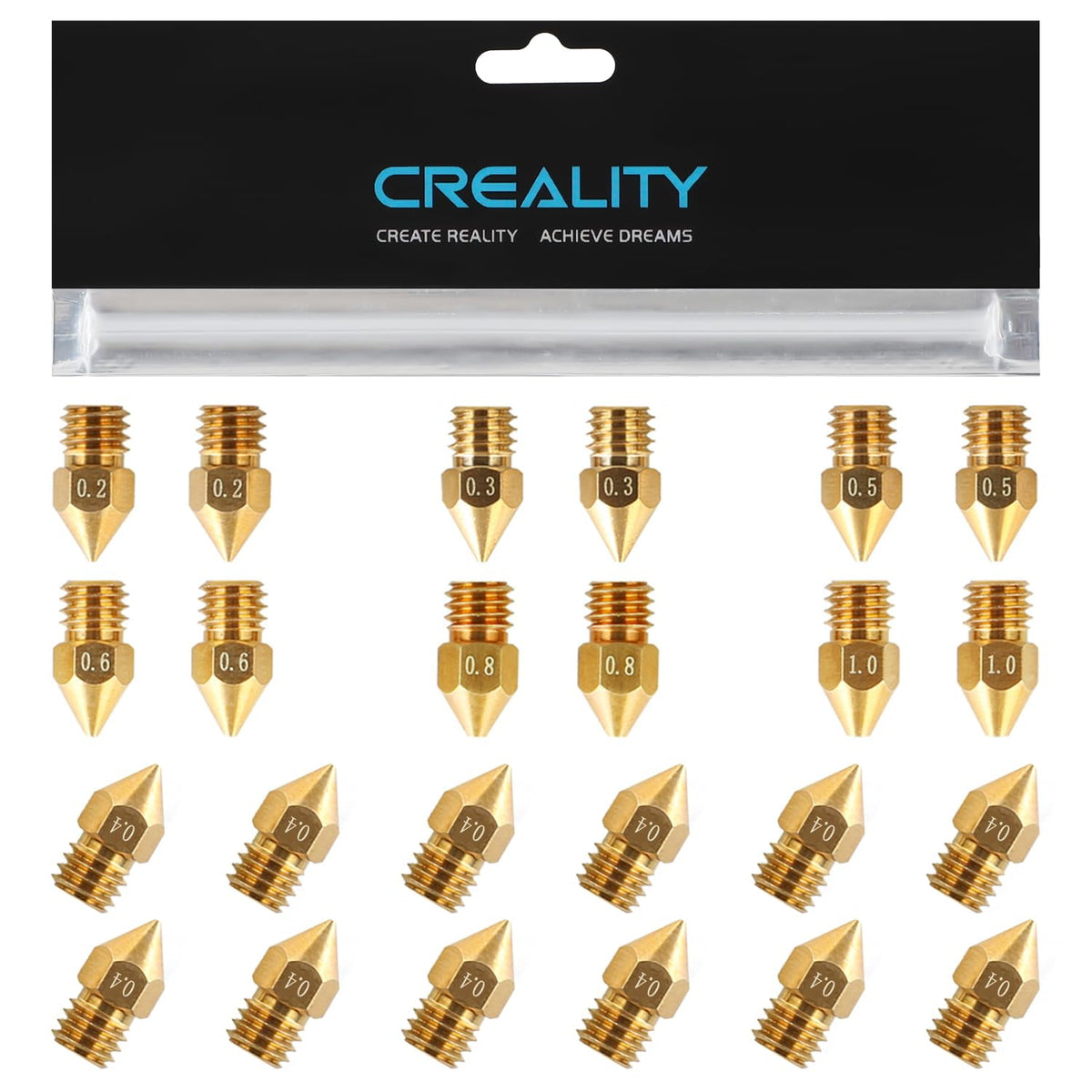 Creality Official MK8 Nozzles 24 Pcs 3D Printer Brass Nozzles Kit with Wear Resistance for Ender-3/Ender-5/CR-10 Series 3D Printers High Hardness 0.2/0.3/0.4/0.5/0.6/0.8/1.0mm Nozzles Kit