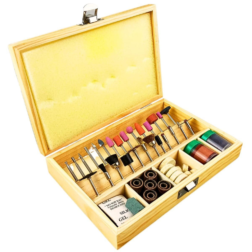 DYNAMIC 100 Pc Rotary Tool Accessory Kit 8.5" 21.6 cm x 5.5" 14 cm x 2" 5.1 cm Wooden Case Universal Compatibility Ideal for Cutting, Sanding, Buffing & More