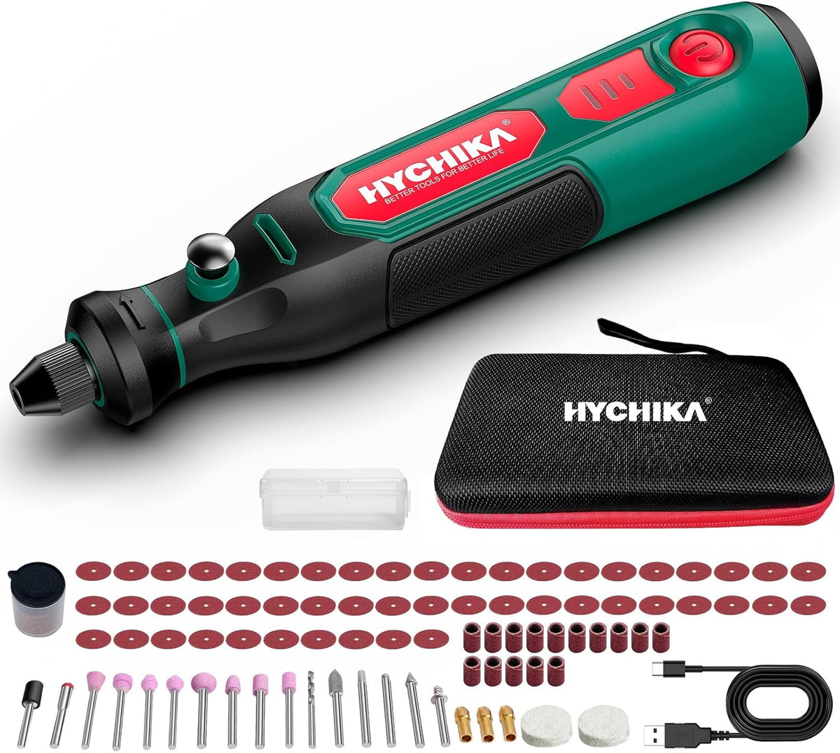 HYCHIKA Mini Cordless Rotary Tool Kit - 89PCS Accessories for Drilling, Sanding, Polishing, Engraving, 3.6V Multi Tool with Variable Speed, USB-C Charging, Ideal for DIY fine Work.