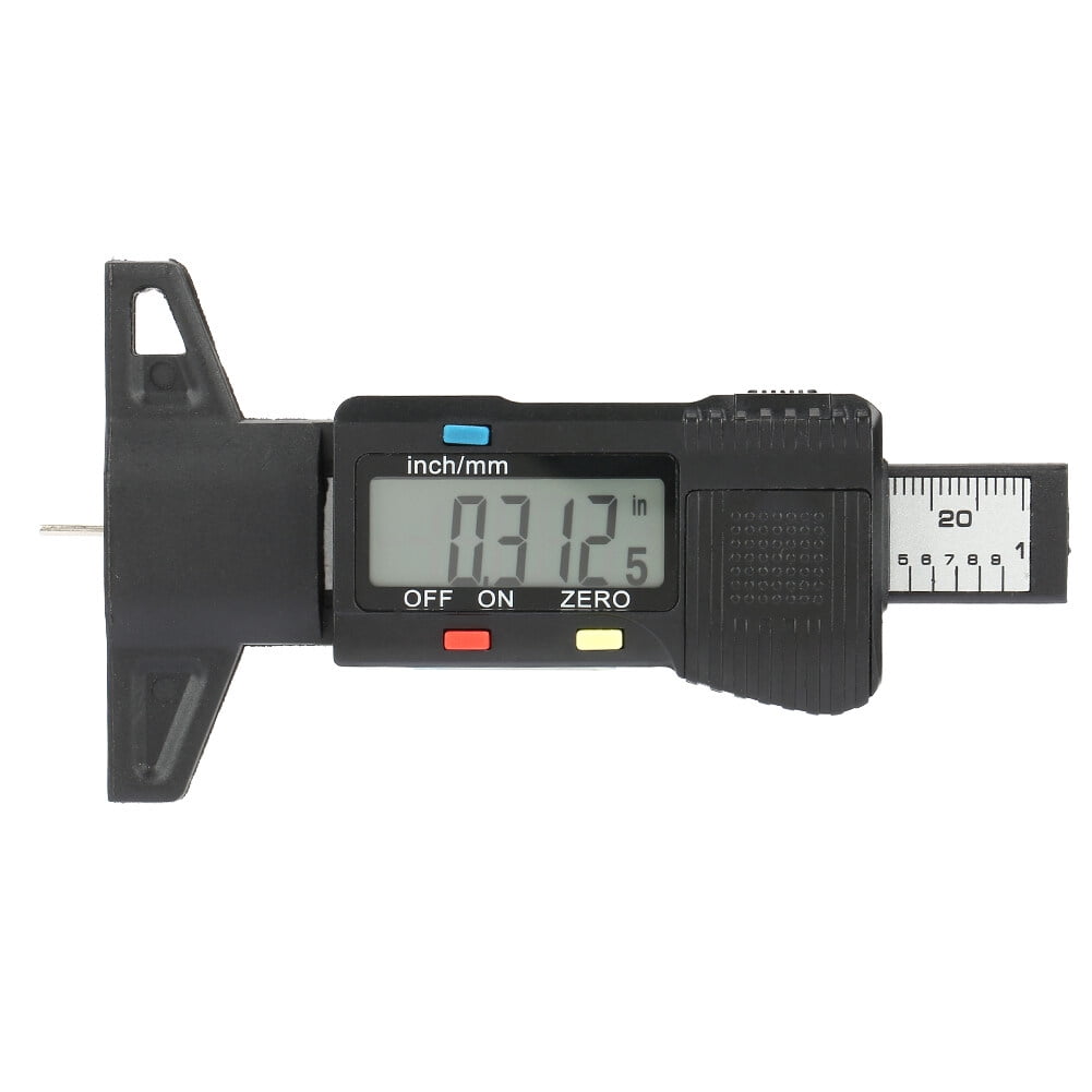 High Precision Digital Tread Depth Gauge and Tire Wear Tester 0-1 inch / 0-25.4 mm Carbon Fiber Brake Shoe Pad Measuring Tool Clear LCD Screen