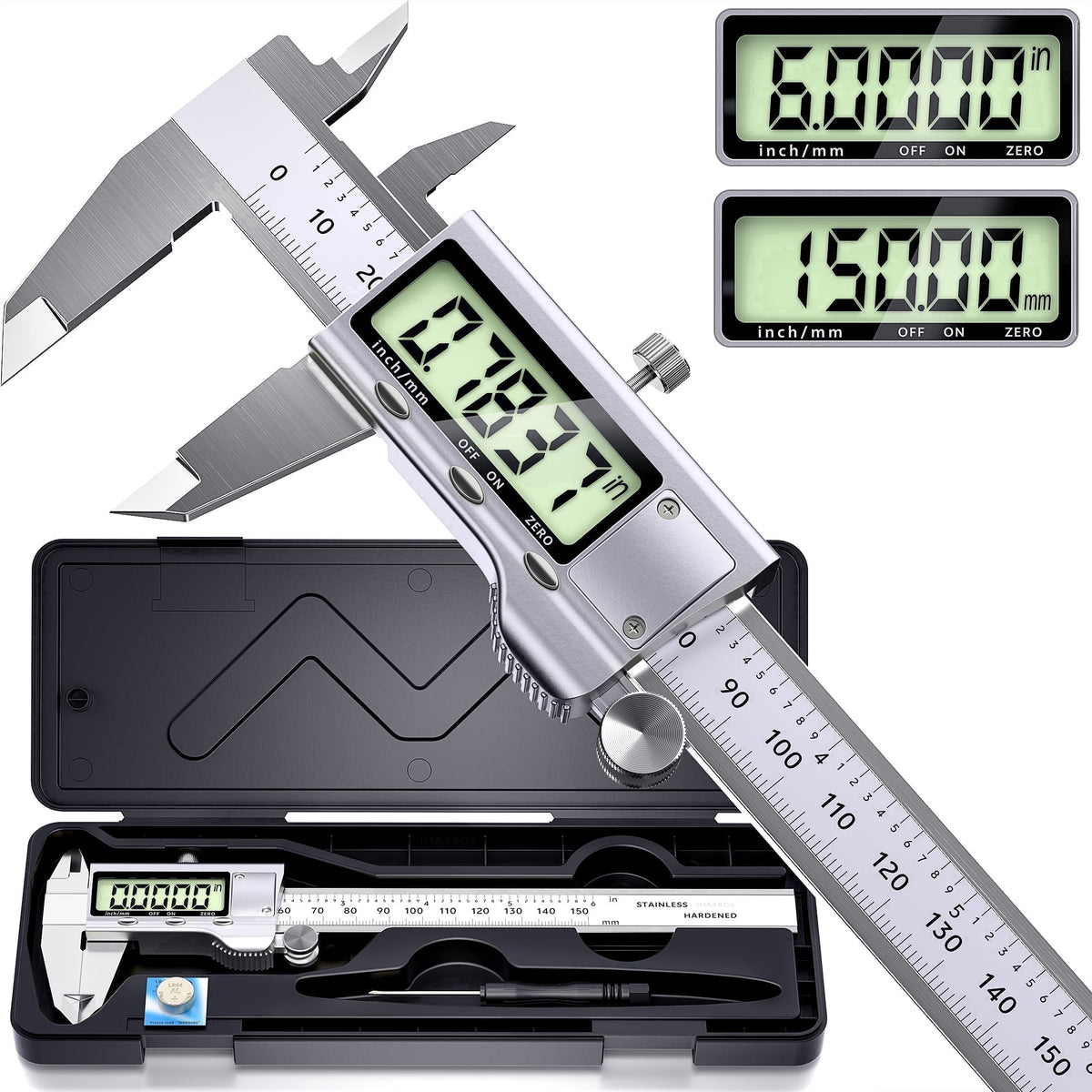 IMAXBOS 6-Inch Digital Caliper, Professional Metal Vernier Caliper with LCD Display, Inch/MM Conversion, Zinc-Plated Rust-Resistant, Auto Shut-Off & Zero Function, Includes Extra Battery