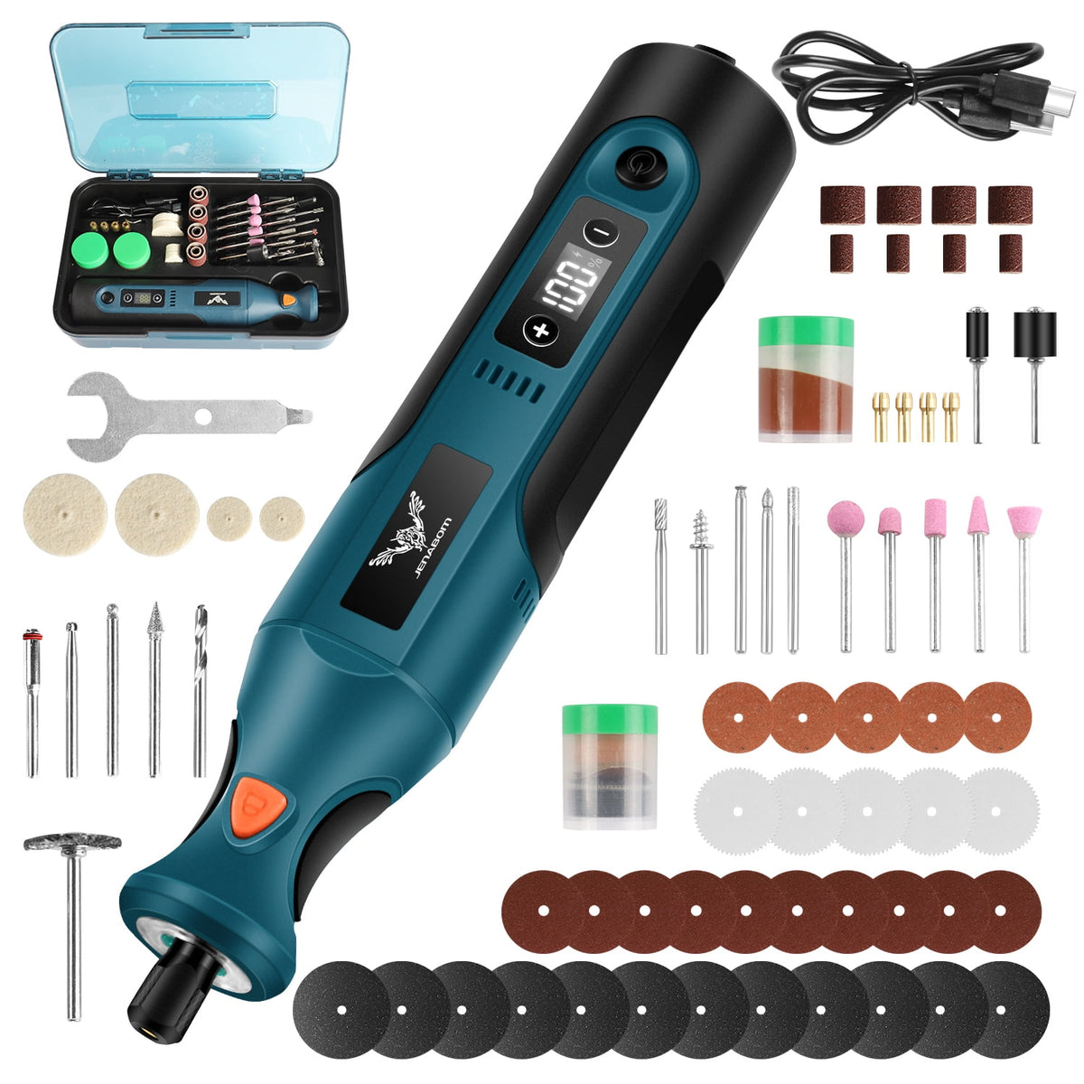 JENABOM 58 in 1 Mini Cordless Rotary Tool, 3.7V Electric Rotating Tool , LED Lights, 5-Speed and USB Charging, Used for Polishing, Carving, and DIY （Orange）
