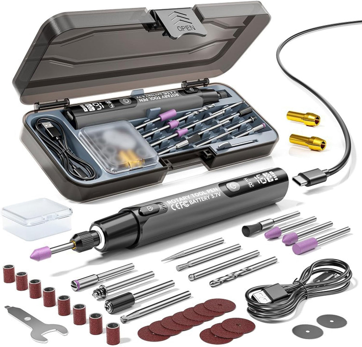 Mini Electric Rotary Tool Set With Led Light & Digital Display, Mini Cordless Rotary Tool, 6 Adjustable Spin Speed Tools, USB Charging for Crafting, Sanding, Polishing, Drilling (Gray)