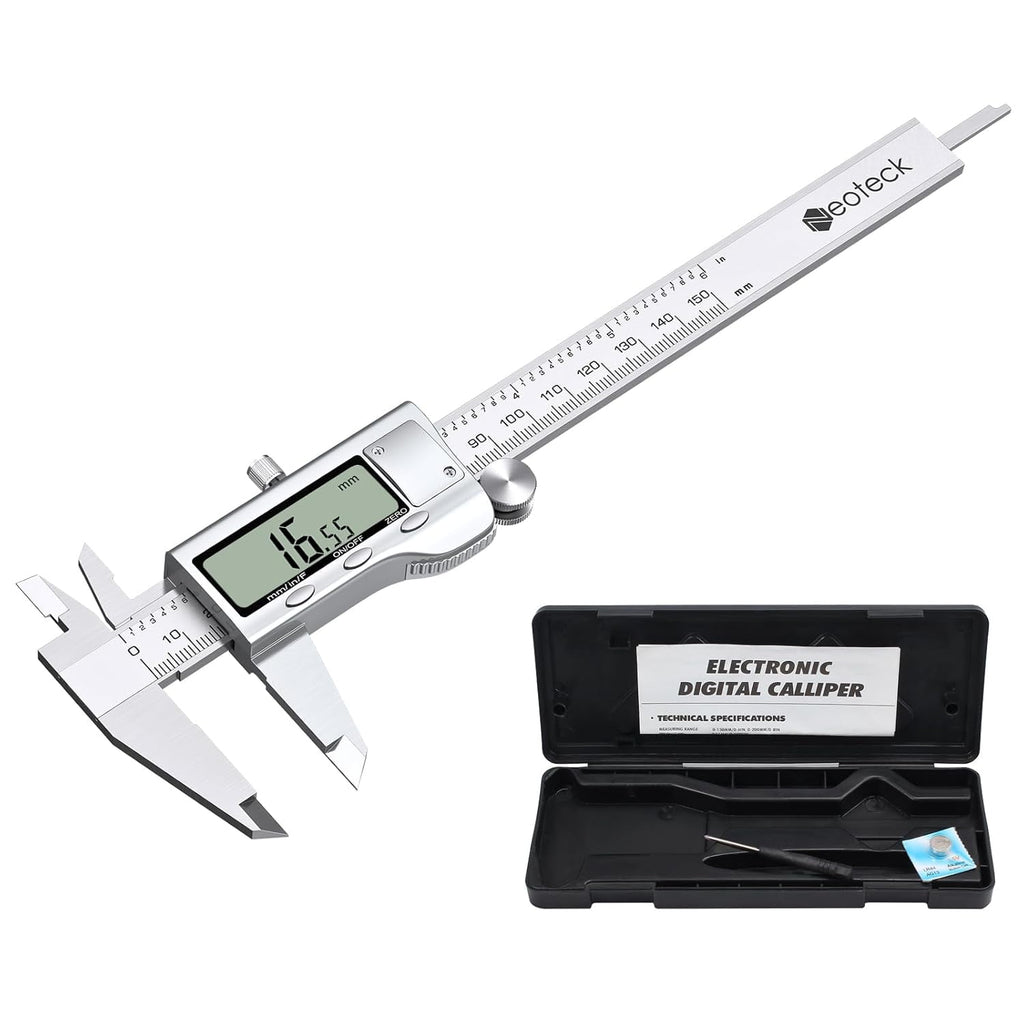 Neoteck 6" Digital Caliper, Stainless Steel, LCD Display, Fraction/Inch/MM Conversion, for Inside/Outside Diameter, Depth, Step Measurement