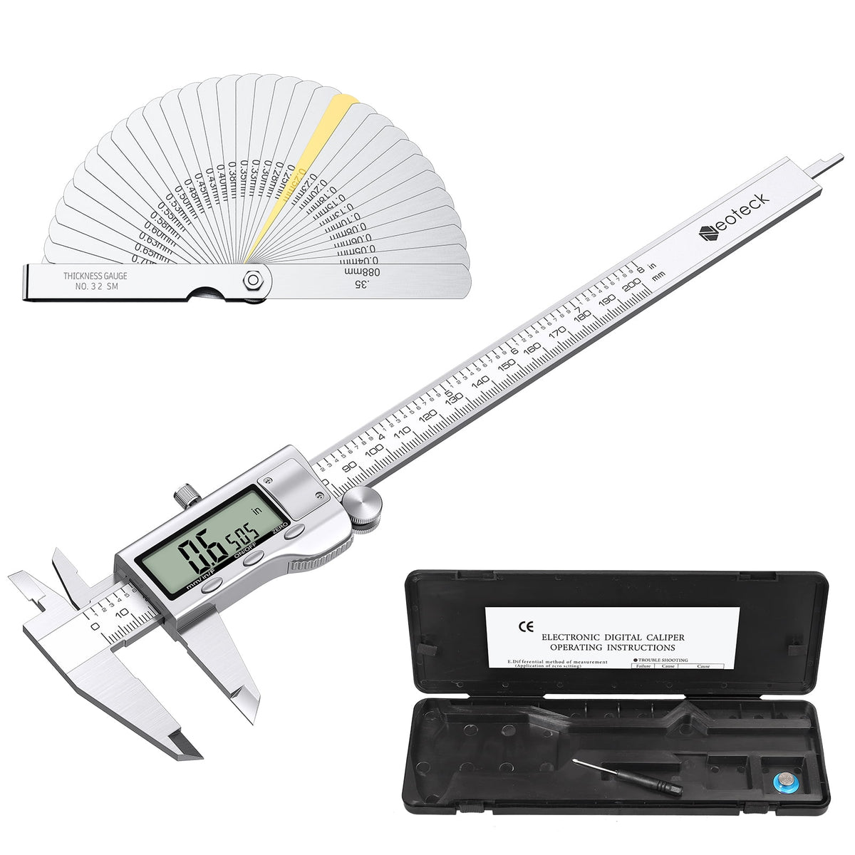Neoteck 8" Electronic Digital Vernier Caliper LCD Stainless Steel + Feeler Gauge LCD Display