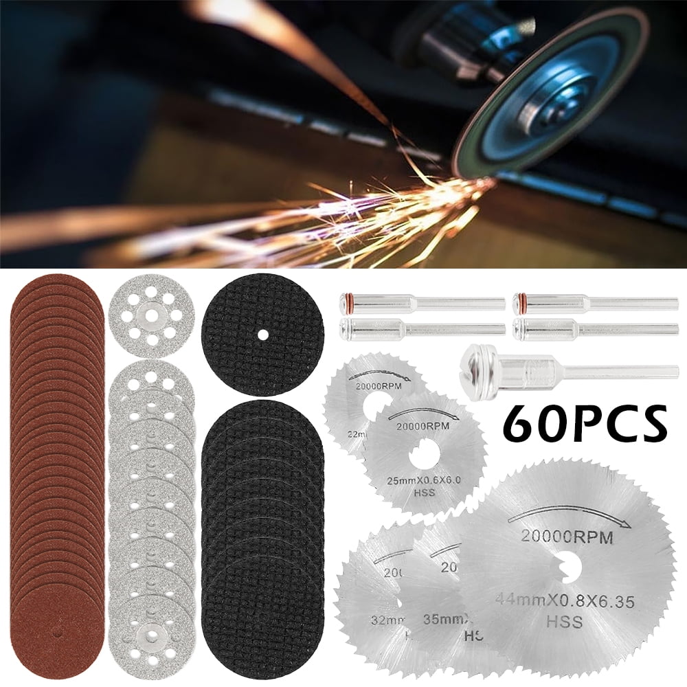 ODOMY 60Pcs Diamond Cutting Wheel Kits, Shank Mini Cut Off Wheel Rotary Tool Accessories with Mandrels for Plastic Metal Wood Stone