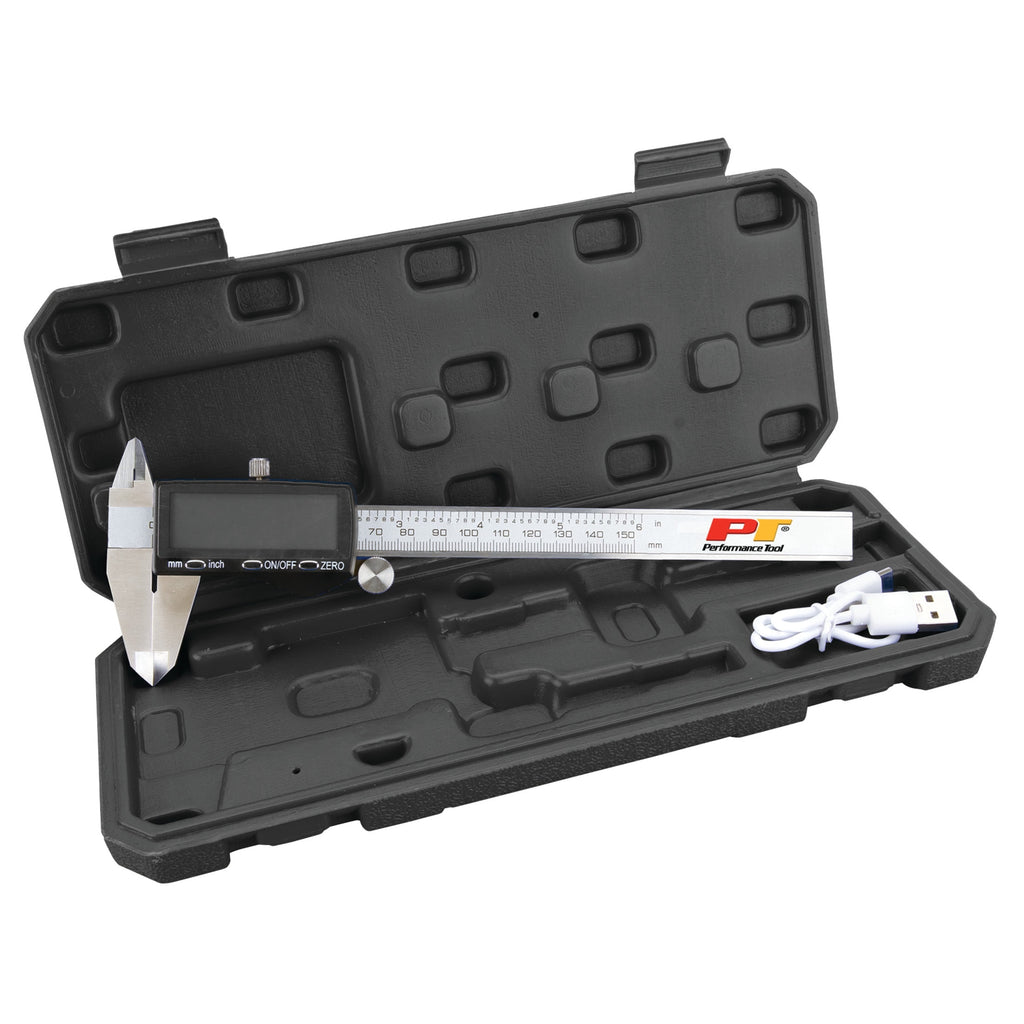 Performance Tool W80153 6 Inch Steel Digital Caliper with Large LCD Screen, USB C Charging, Stainless Body, Inch/Metric Conversion, Precision Measuring Tool for Home Garage Shop Professional Use