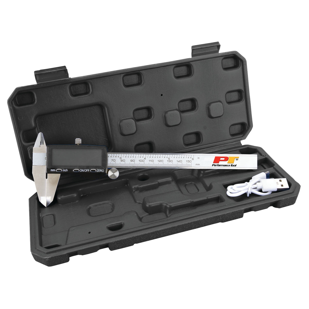 Performance Tool W80153 6 Inch Steel Digital Caliper with Large LCD Screen, USB C Charging, Stainless Body, Inch/Metric Conversion, Precision Measuring Tool for Home Garage Shop Professional Use