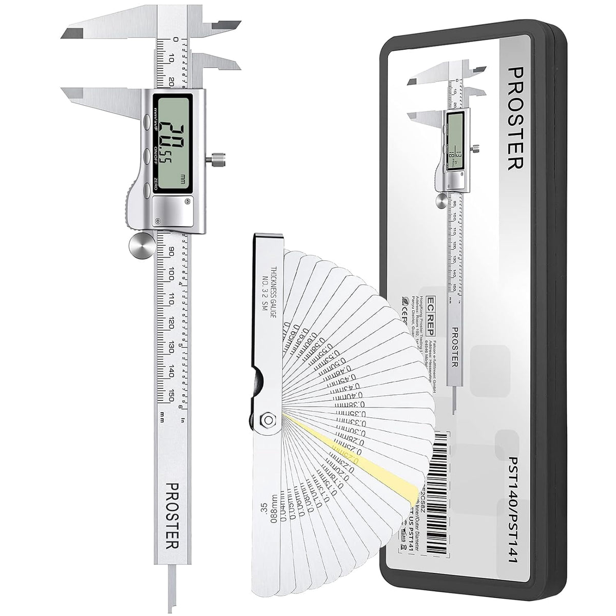 Proster 6" Digital Vernier Caliper with 32 Feeler Gauges- Inch/Metric/Fraction Conversion, Stainless Steel, LCD Screen - for Inner/Outer Diameter, Depth, Width Measurement (150mm)