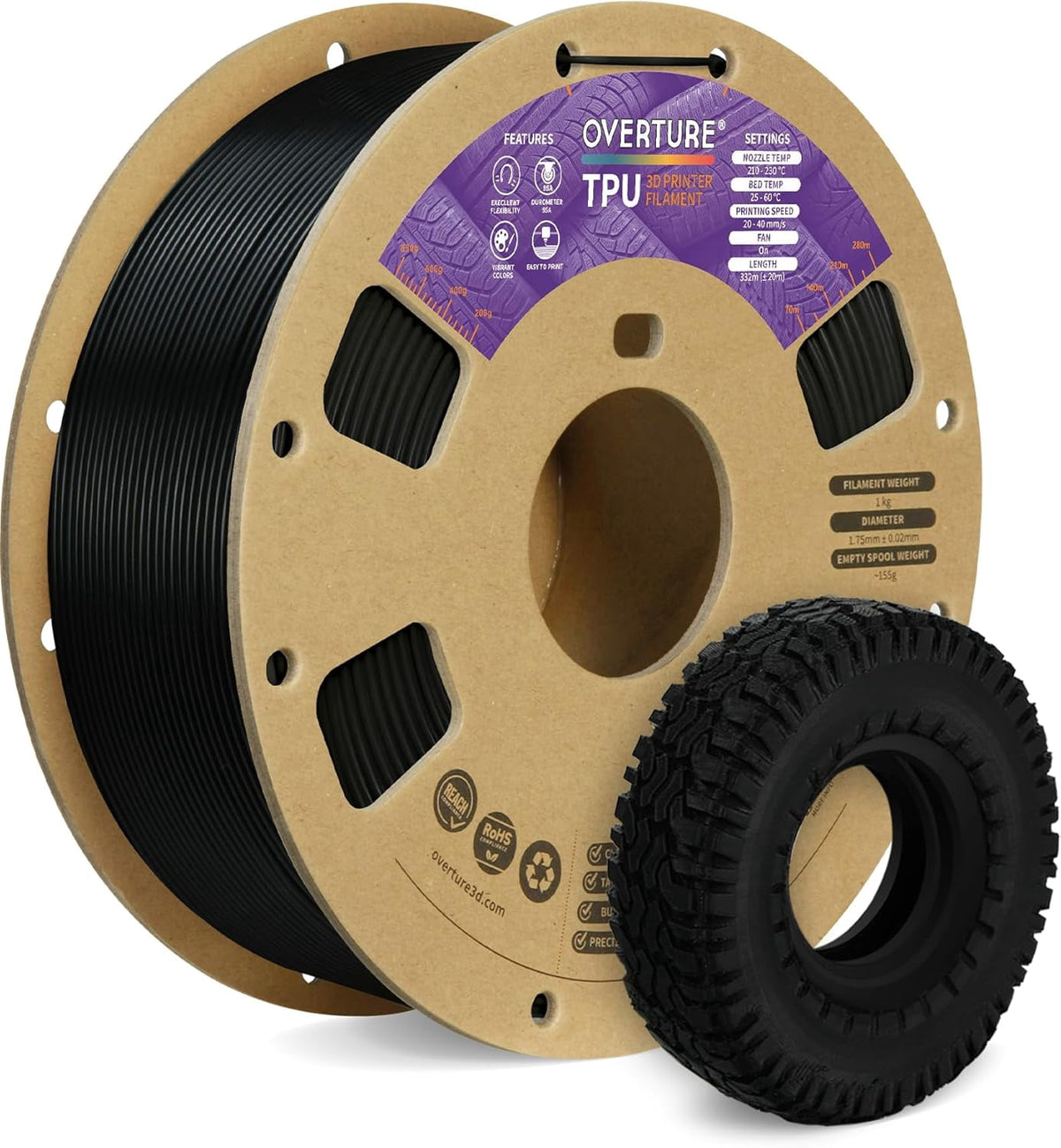 TPU Filament 1.75mm Flexible Roll, 95A Soft 3D Printer Filament, 1kg Spool (2.2 lbs), Fit Most FDM (TPU Black)