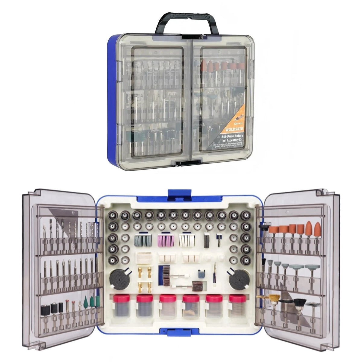 Woldsatr 516PCS Rotary Tool Kit, 1/8-in Shank, Sanding, Grinding, Carving, Polishing, Drilling, Storage Case