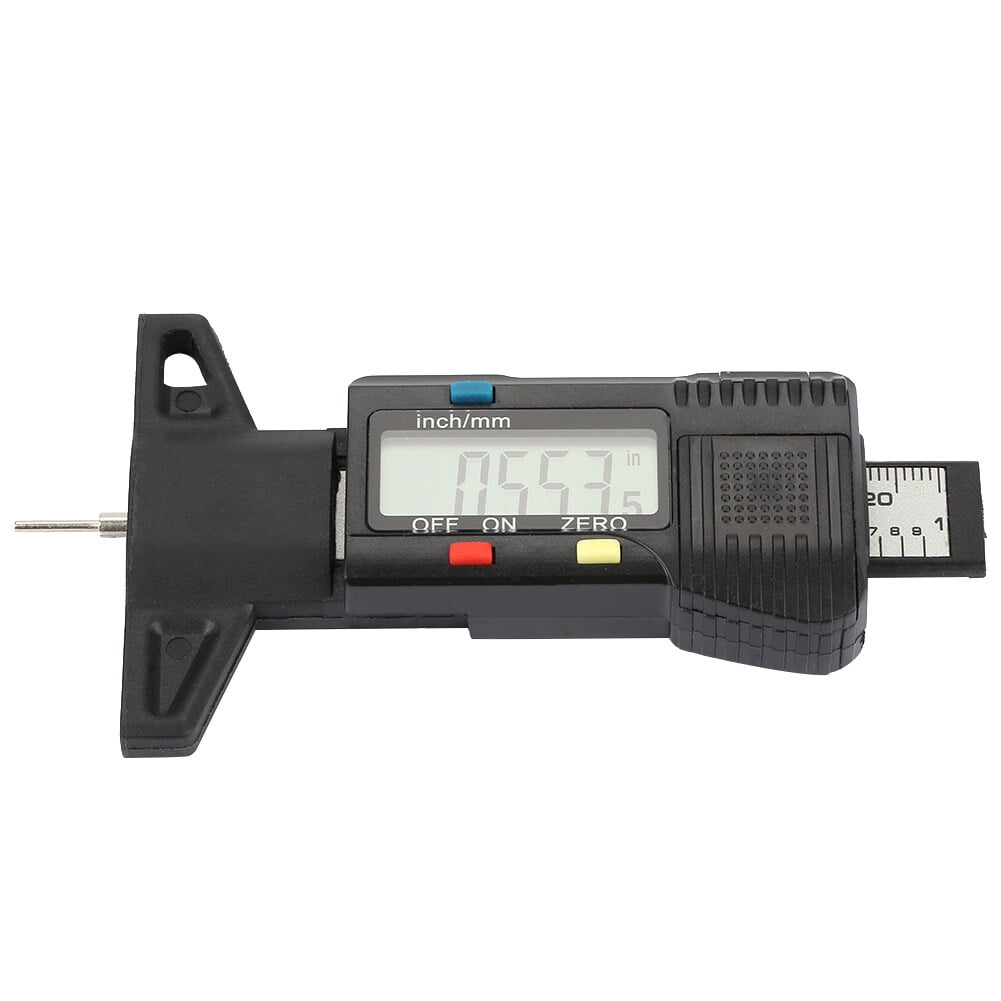 High Precision Digital Tread Depth Gauge and Tire Wear Tester 0-1 inch / 0-25.4 mm Carbon Fiber Brake Shoe Pad Measuring Tool Clear LCD Screen