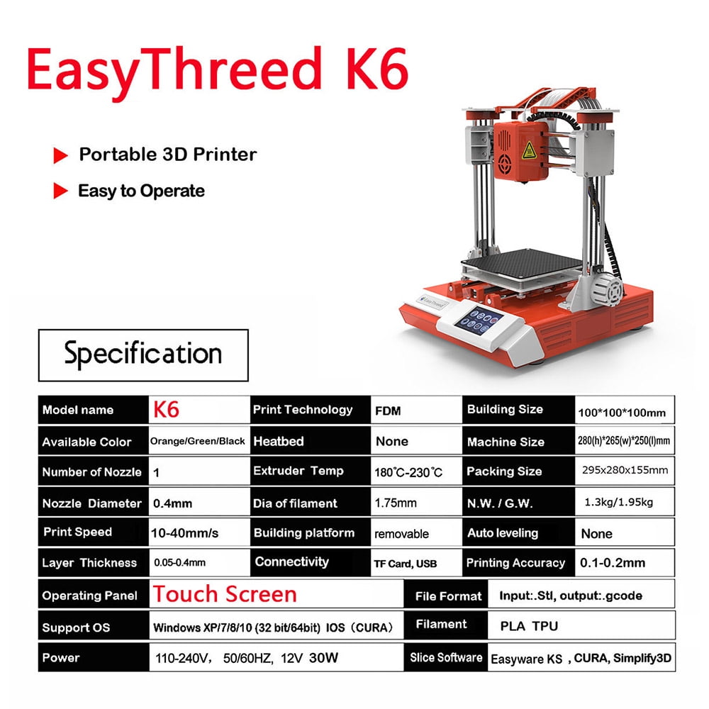 EasyThreed K6 3D Printer for Kids and Beginners, Desktop FDM 3D Printer with 2.4'' Touchscreen Control, 10m PLA Filament, Quick Assembly, Print Size 3.94x3.94x3.94in