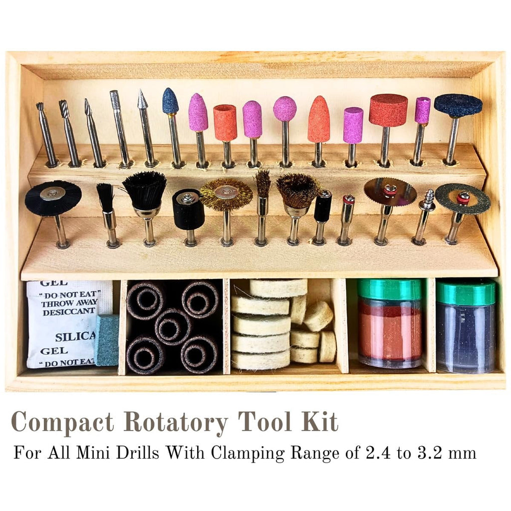 DYNAMIC 100 Pc Rotary Tool Accessory Kit 8.5" 21.6 cm x 5.5" 14 cm x 2" 5.1 cm Wooden Case Universal Compatibility Ideal for Cutting, Sanding, Buffing & More