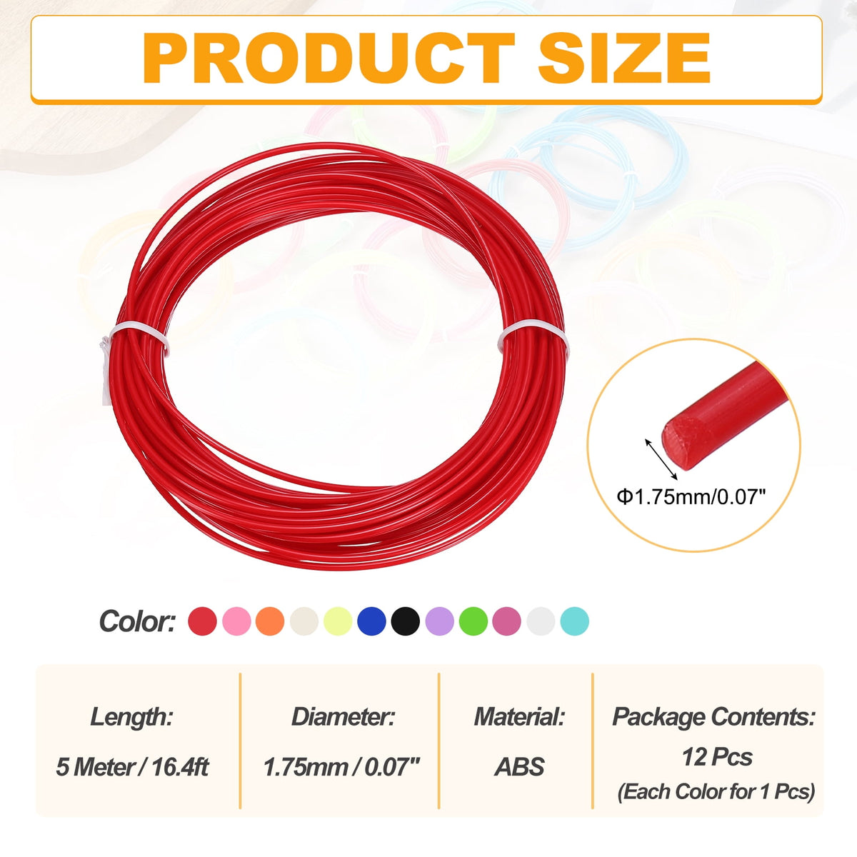 Uxcell 12 Colors ABS 3D Pen Printer Filament Refills, Each Color 16.4 Feet Total 197 Feet 1.75mm Printing Filament for Most 3D Printing Pens