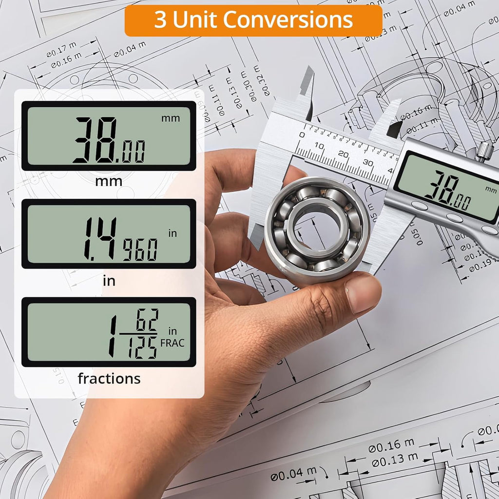 Neoteck 6" Digital Caliper, Stainless Steel, LCD Display, Fraction/Inch/MM Conversion, for Inside/Outside Diameter, Depth, Step Measurement