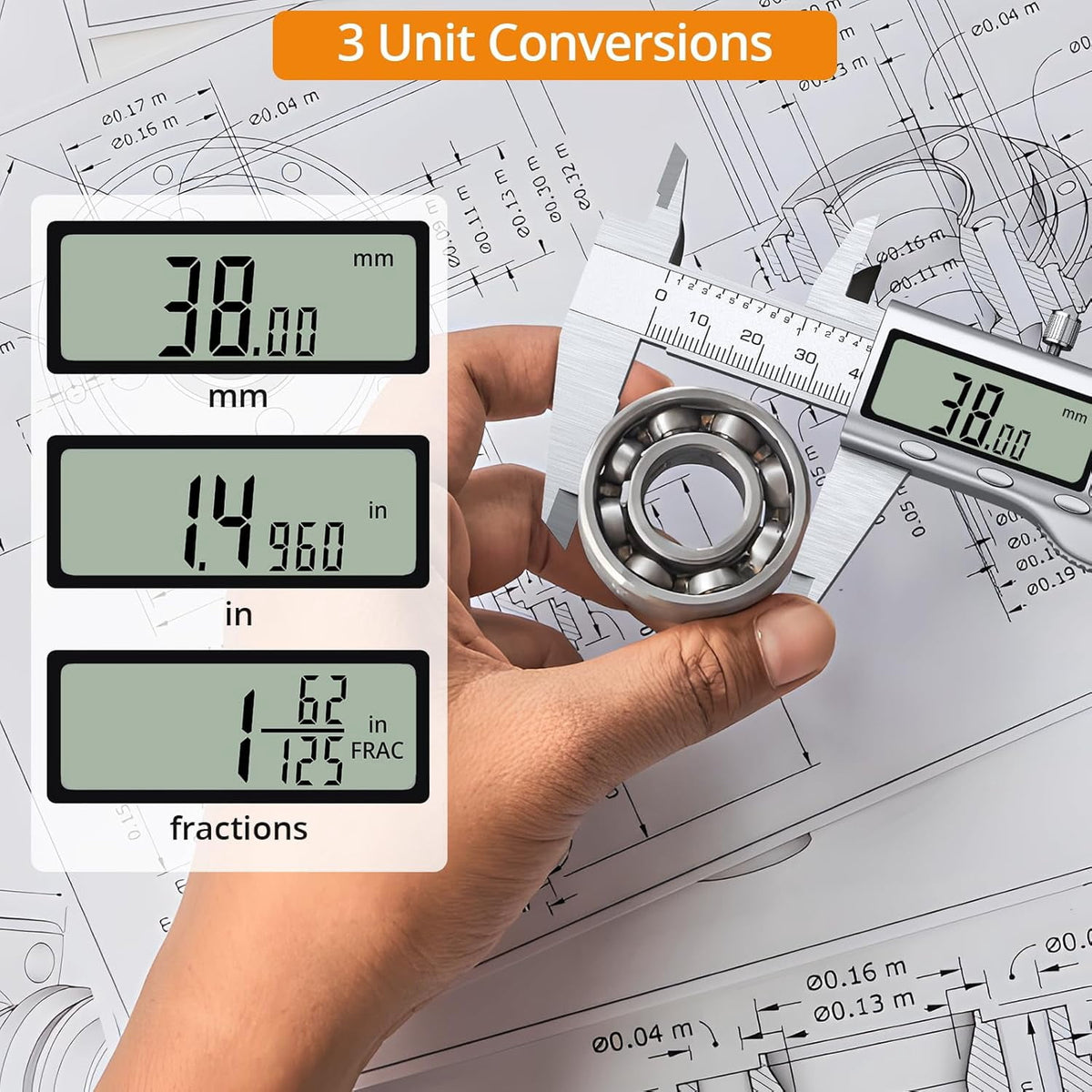 Neoteck 6" Digital Caliper, Stainless Steel, LCD Display, Fraction/Inch/MM Conversion, for Inside/Outside Diameter, Depth, Step Measurement