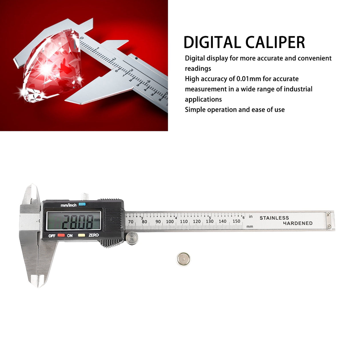 Professional Stainless Steel Digital Caliper 6 inches / 150 mm Electronic Vernier Micrometer Measuring Tool with High Precision LCD Display Auto Shut Off Feature