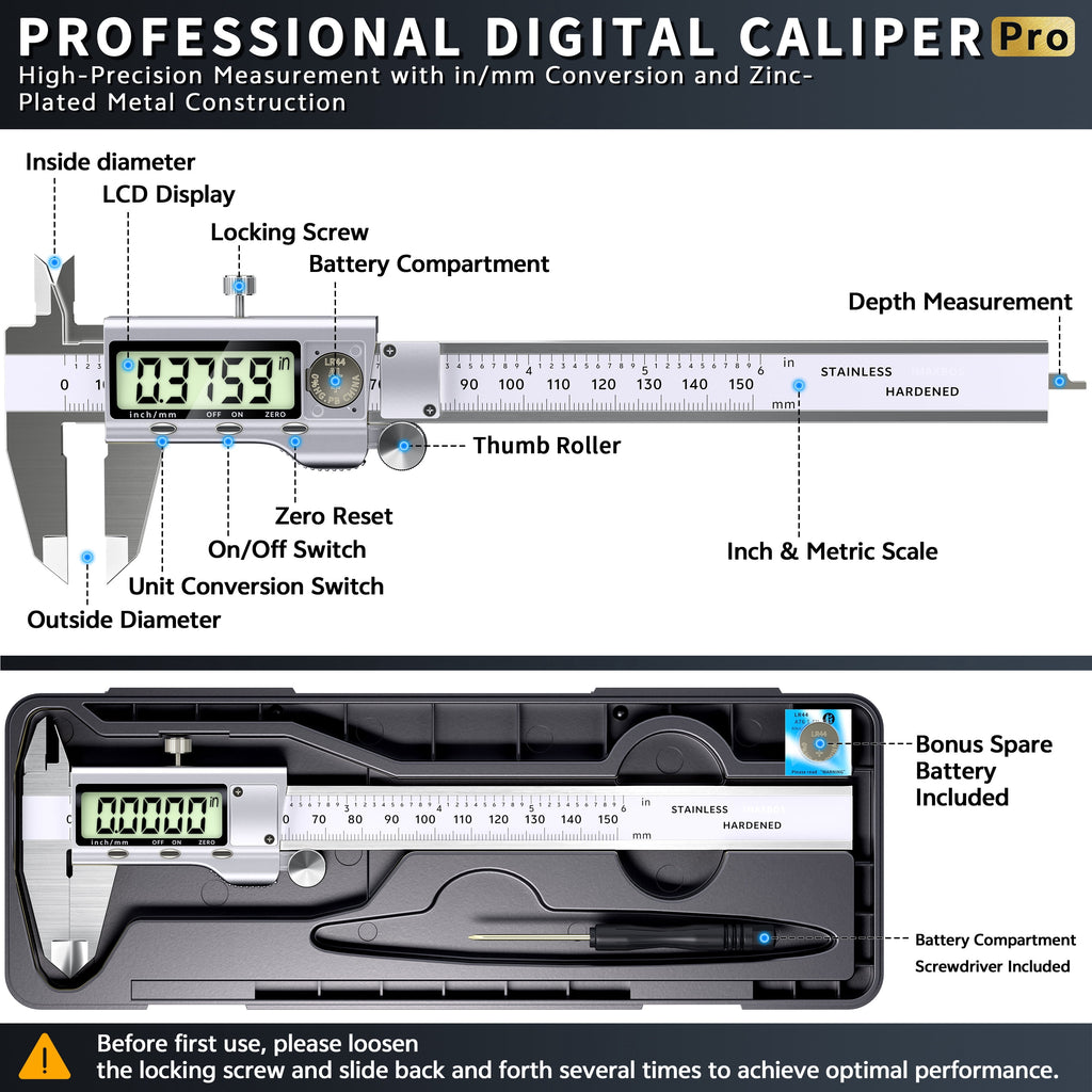 IMAXBOS 6-Inch Digital Caliper, Professional Metal Vernier Caliper with LCD Display, Inch/MM Conversion, Zinc-Plated Rust-Resistant, Auto Shut-Off & Zero Function, Includes Extra Battery