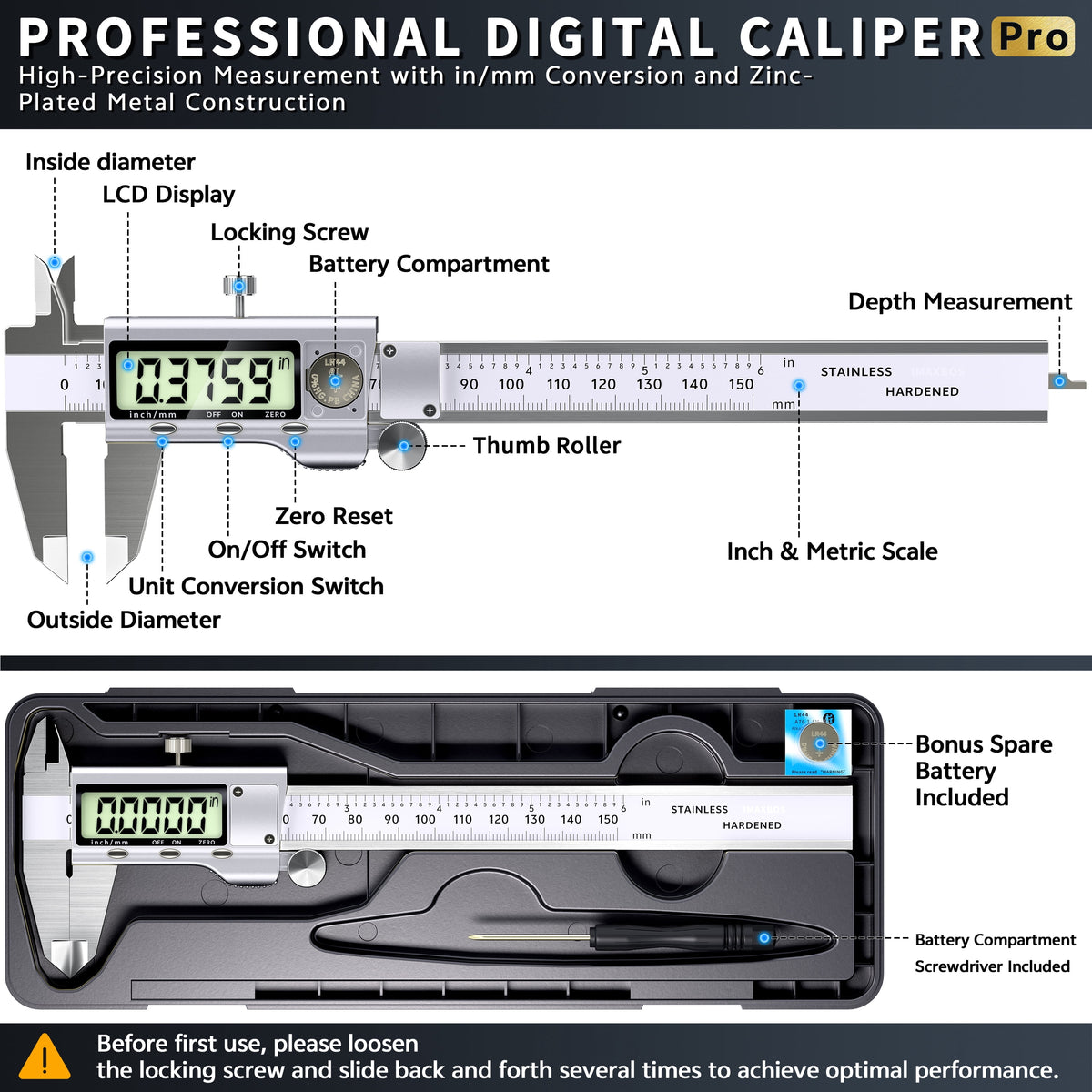 IMAXBOS 6-Inch Digital Caliper, Professional Metal Vernier Caliper with LCD Display, Inch/MM Conversion, Zinc-Plated Rust-Resistant, Auto Shut-Off & Zero Function, Includes Extra Battery