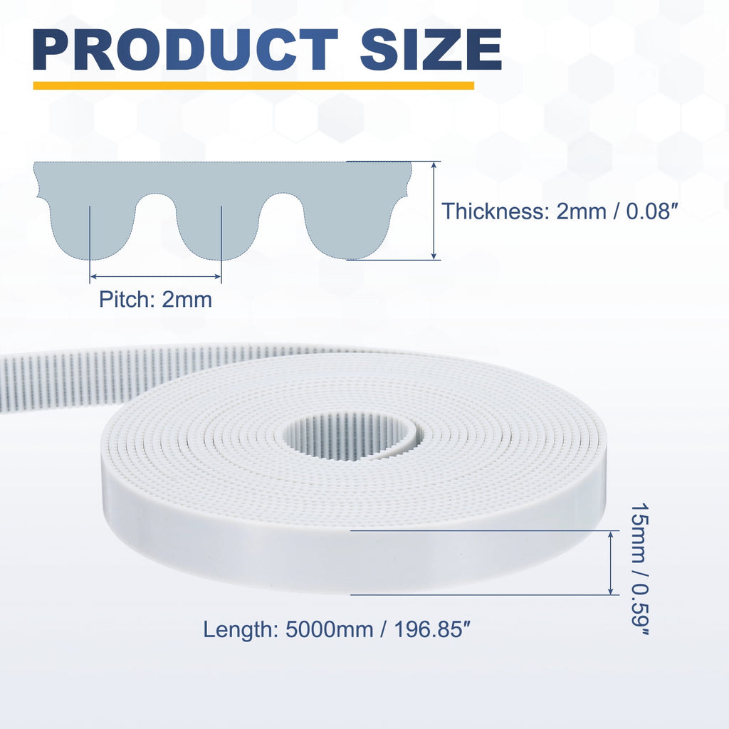Uxcell Polyurethane PU Steel Cord 2GT Timing Belt 15x5000mm2mm Pitch 2mm Thick White Open Loop Pulley Timing Belt for 3D Printer