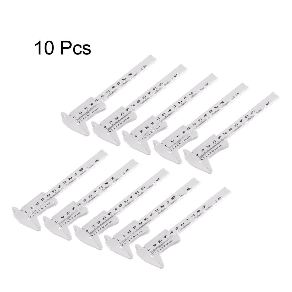 Uxcell 10pcs Mini Plastic Vernier Caliper 100mm Single Scale Metric Sliding Gauge Measuring Tool Ruler, White