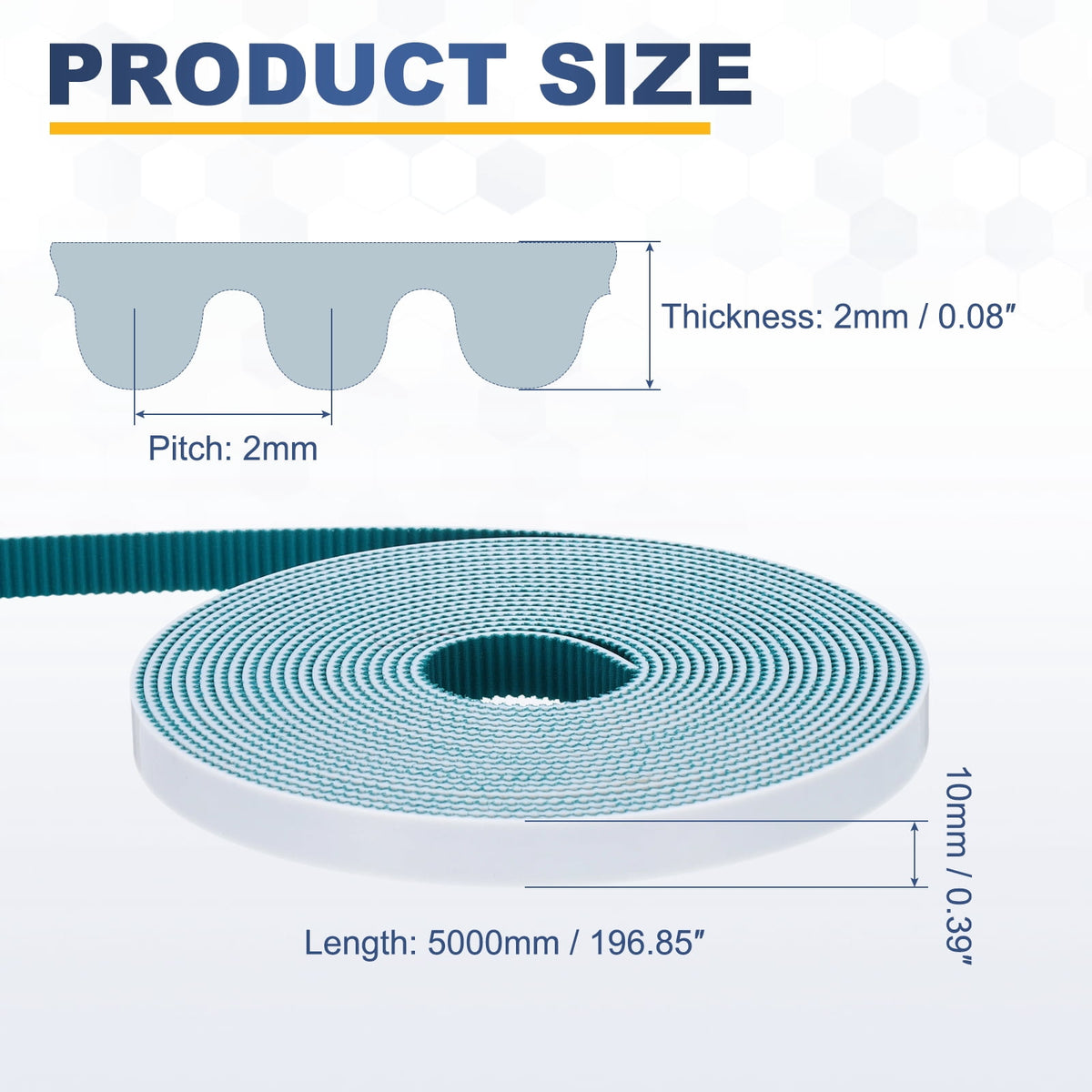 Uxcell PU Steel Cord 2GT Timing Belt Green Cloth Teeth 10x5000mm 2mm Pitch 2mm Thick White Open Loop Pulley Timing Belt for 3D Printer