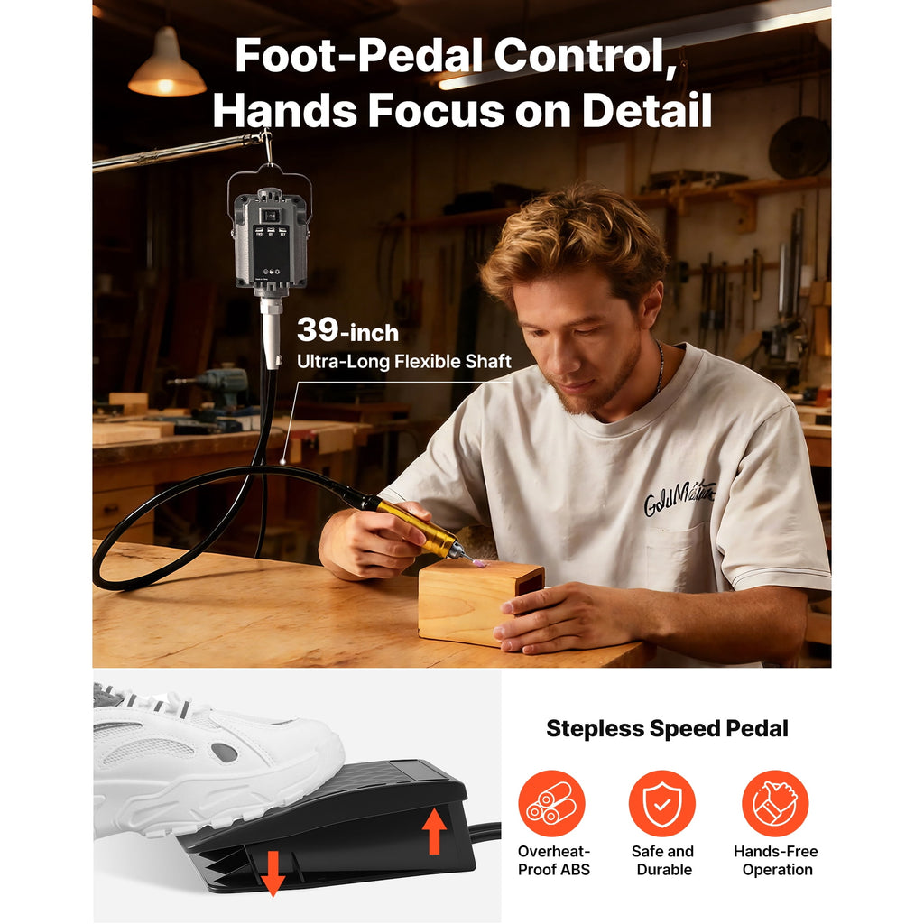 KFFKFF 1200W Electric Flex Shaft Grinder with Foot Pedal Control, 30000RPM Rotary Tool Kit, Includes 112 Accessories for Sanding, Polishing, Cutting, and Buffing