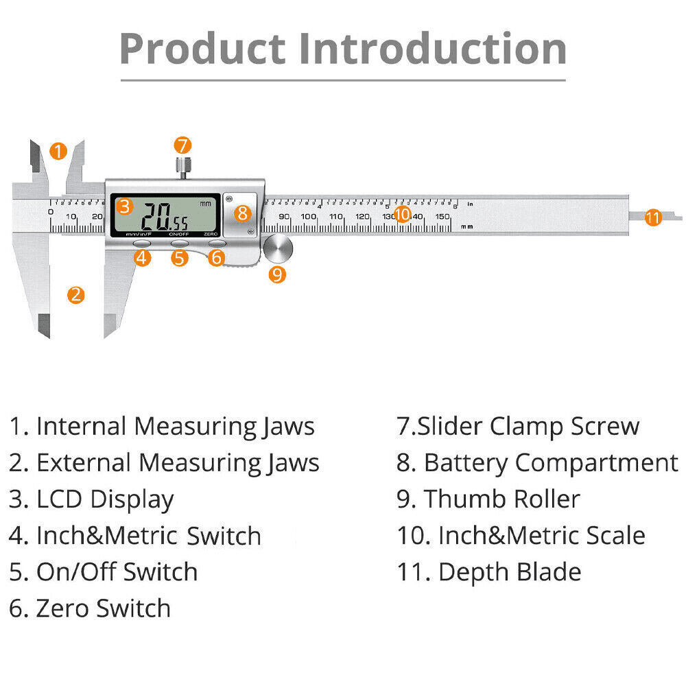 SJPACK 6" 150mm Stainless steel Digital Caliper Micrometer LCD Gauge Vernier Electronic Measuring Tool Silver with Case