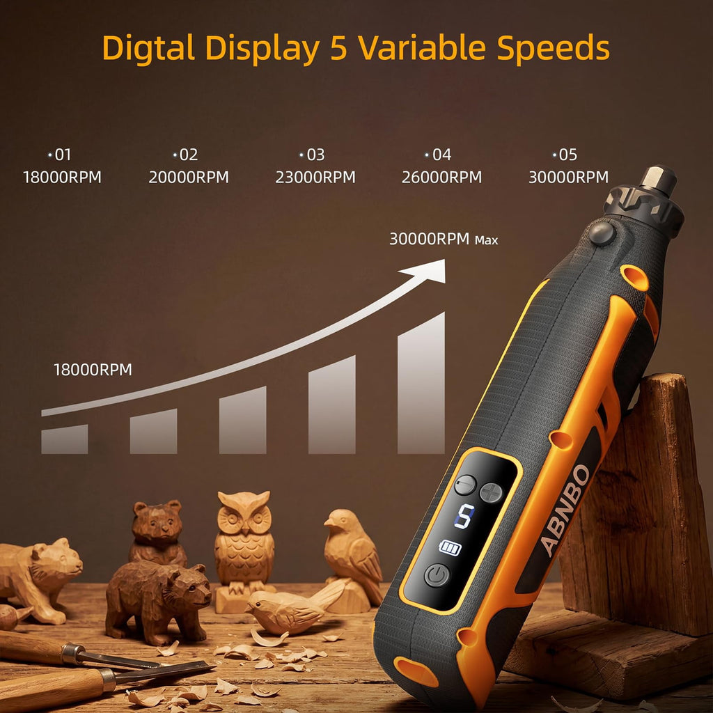 ABNBO Mini Cordless Rotary Tool,5-Speed 30000RPM,Power Rotary Tool Kit 4V Type-C Charging with Digital Display, 100 Accessories for Sanding,Polishing,Engraving,Carving, DIY Crafts (Yellow)