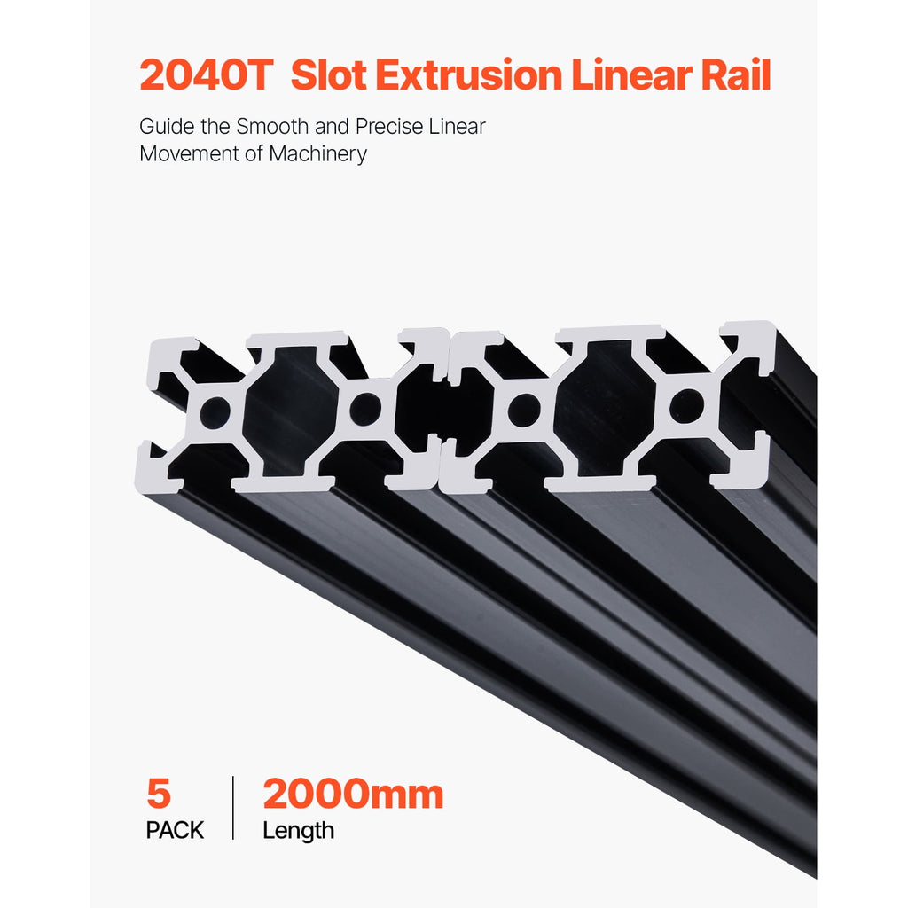 KFFKFF 5PCS 78.7 in (2000mm) T Slot 2040 Aluminum Extrusion Profile, European Standard Anodized Linear Rail, Durable Aluminum Rail for 3D Printer, CNC Projects, Laser Engraving, Black