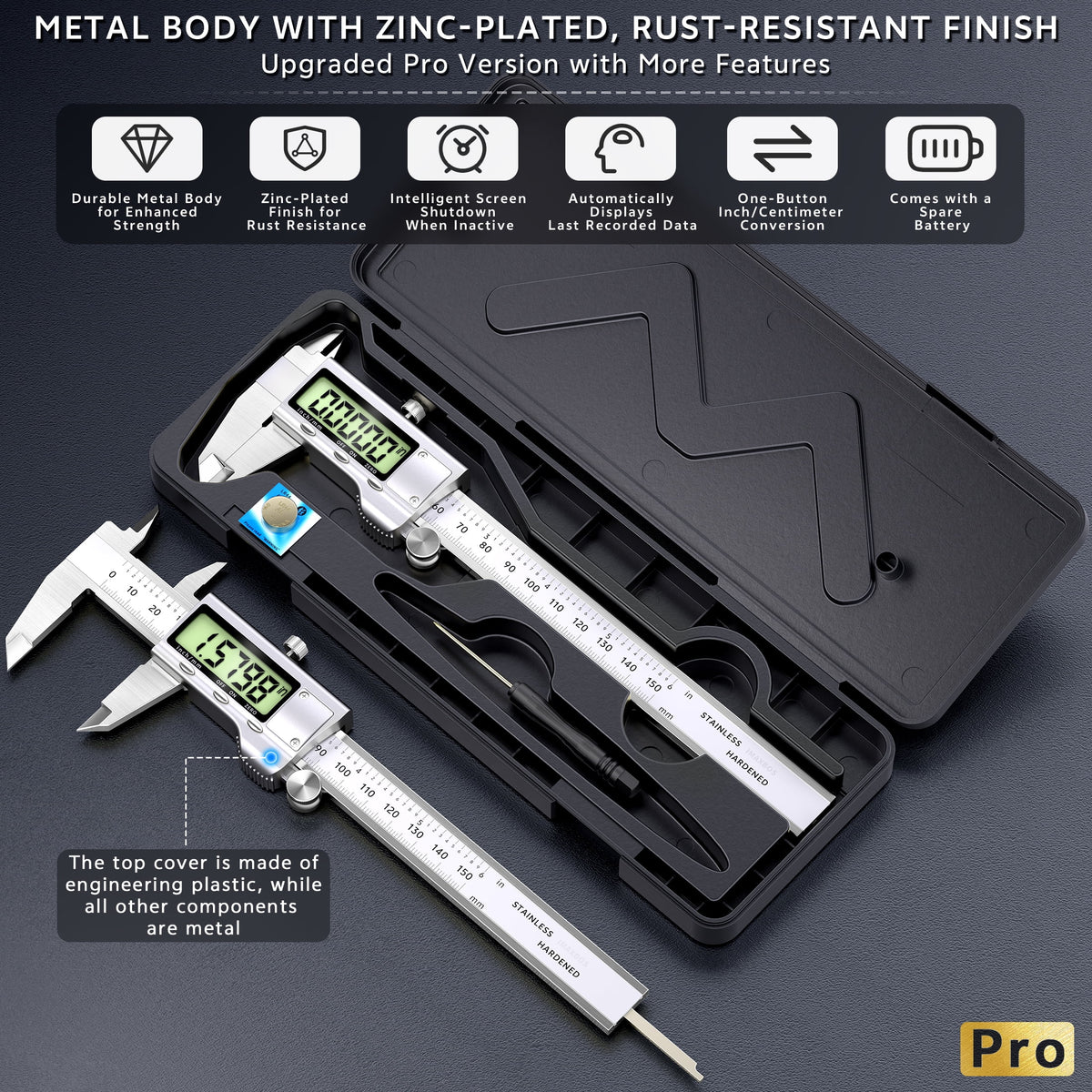 IMAXBOS 6-Inch Digital Caliper, Professional Metal Vernier Caliper with LCD Display, Inch/MM Conversion, Zinc-Plated Rust-Resistant, Auto Shut-Off & Zero Function, Includes Extra Battery