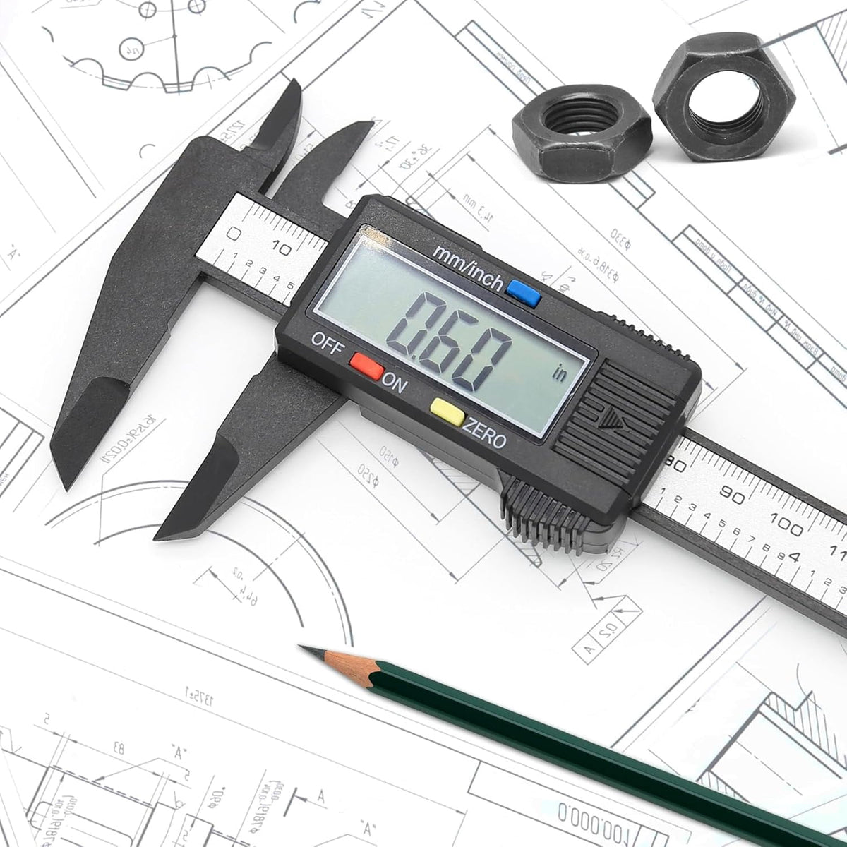 KASIU Electronic Digital Caliper,Plastic Vernier Caliper,Caliper Measuring Tool with "/Millimeter Conversion,Extra Large Lcd Screen,0-6 "/0-150 Mm,Auto Off Featured Micrometer Ruler