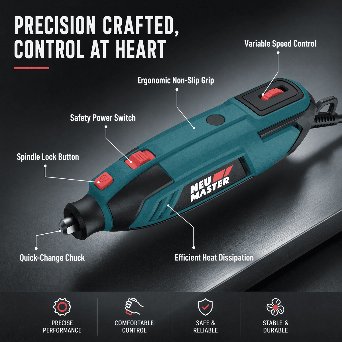 NEU MASTER 160W Rotary Tool Kit with 132 Accessories, 6 Variable Speed 10000-38000 RPM Electric Rotary Tool, Multipurpose Power Tool for Grinding, Polishing, Cutting, Drilling, Carving & Sanding