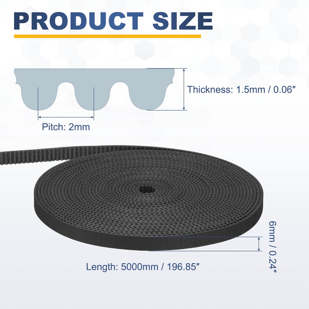Uxcell Dustproof Rubber 2GT Timing Belt 6x5000mm 2mm Pitch 1.5mm Thick Black Open Loop Pulley Timing Belt for 3D Printer