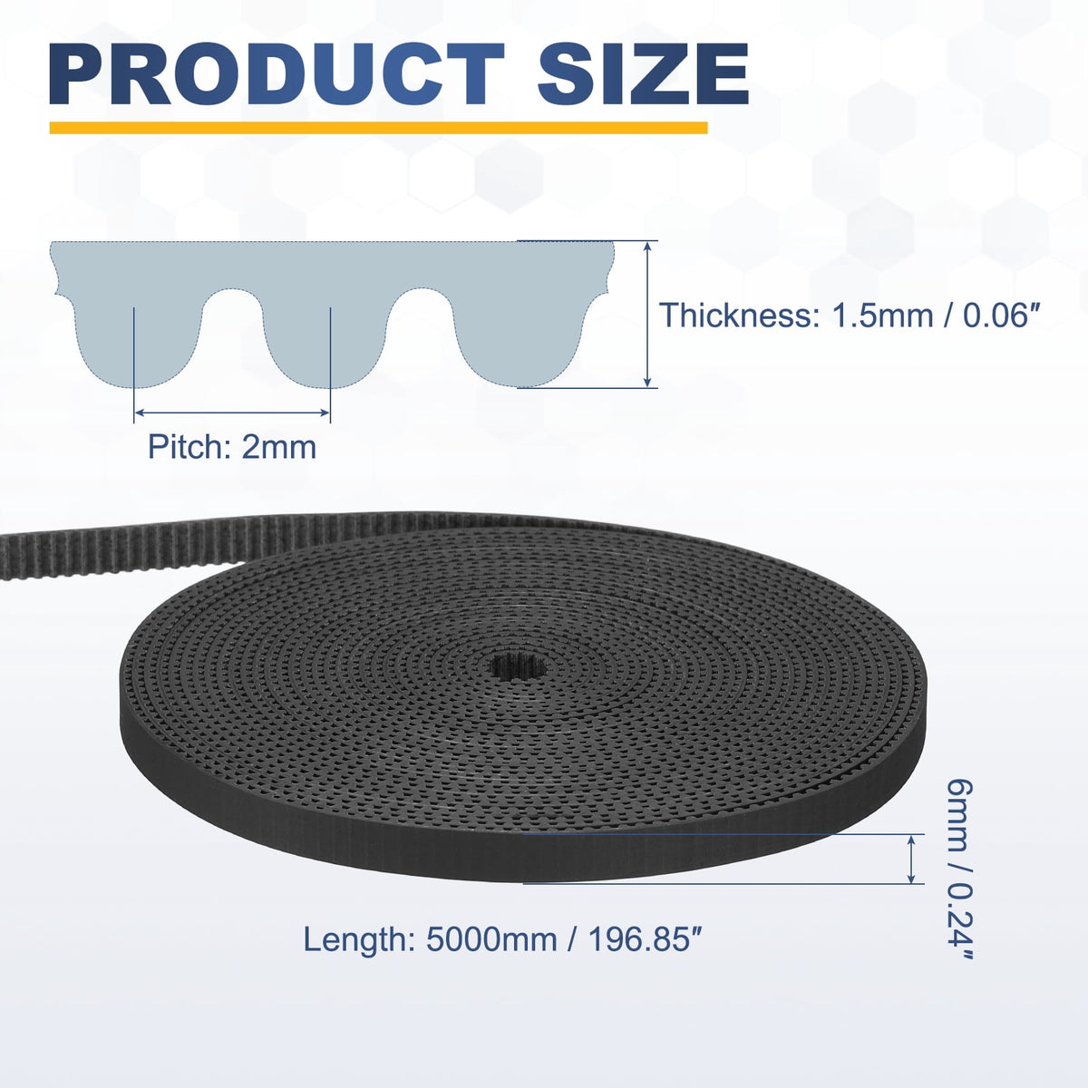 Uxcell Dustproof Rubber 2GT Timing Belt 6x5000mm 2mm Pitch 1.5mm Thick Black Open Loop Pulley Timing Belt for 3D Printer