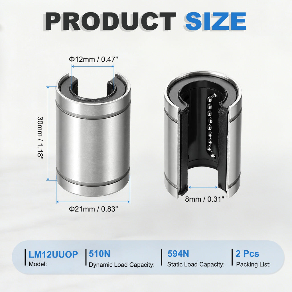 Uxcell 2 Pcs LM16UUOP Open Type Linear Ball Bearings, 12mm Bore Dia 21mm OD Linear Motion Bushing with Double Side Rubber Sealed for CNC Machine 3D Printer, Silver