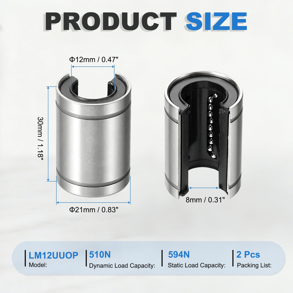 Uxcell 2 Pcs LM16UUOP Open Type Linear Ball Bearings, 12mm Bore Dia 21mm OD Linear Motion Bushing with Double Side Rubber Sealed for CNC Machine 3D Printer, Silver