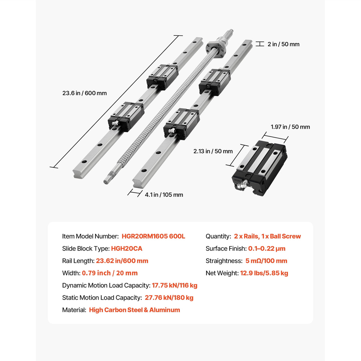 KFFKFF Linear Rail Guide Kit, HGR20, Includes 2PCS 600 mm (23.62 inch) Rails, 1PCS Ball Screw, 4PCS Slide Blocks, BF12/BK12 End Support, Coupling, and Nut Housing, Suitable for DIY CNC Machines