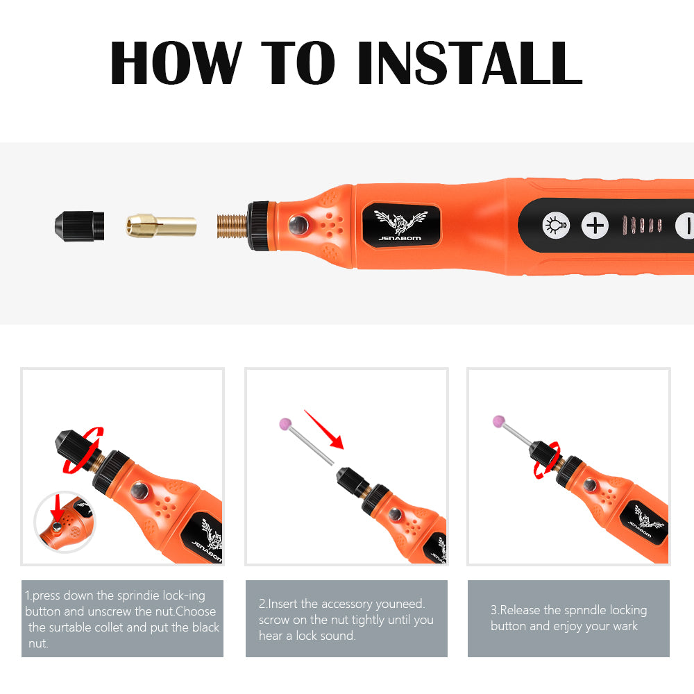 JENABOM Mini Cordless Rotary Tool, 3.7V Electric Rotating Tool, LED Light, 5-Speed 24PCS Accessory Electric Grinder DIY For Polishing, Carving, Orange