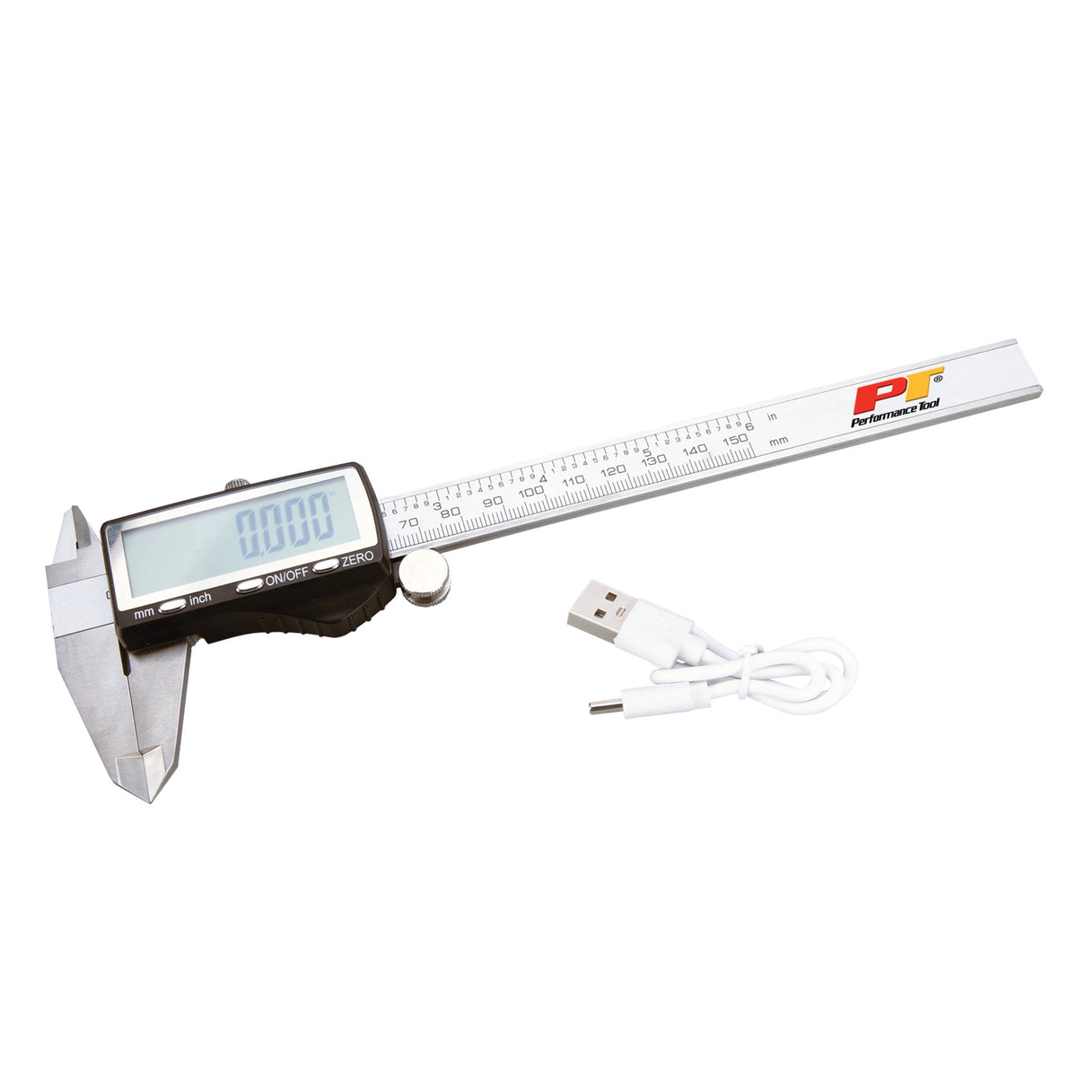 Performance Tool W80153 6 Inch Steel Digital Caliper with Large LCD Screen, USB C Charging, Stainless Body, Inch/Metric Conversion, Precision Measuring Tool for Home Garage Shop Professional Use