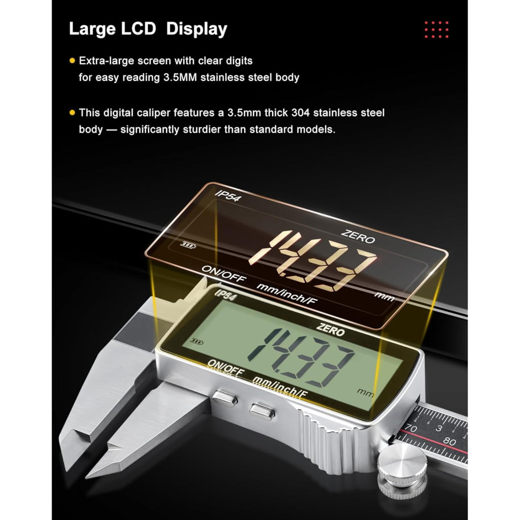 Digital Caliper, Rechargeable Digital Micrometer-IP54 Waterproof, Stainless Steel & Large LCD Screen Caliper Measuring Tool-Inch/Metric/Fraction,6" Calipers-Auto Off for Pros & DIYers