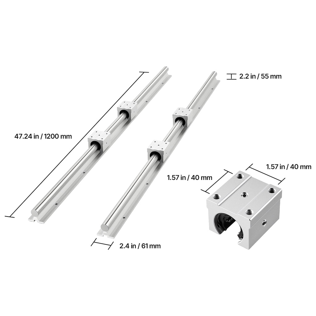 KFFKFF Linear Rail Kit, SBR25, Includes 2 Pieces of 1200 mm (47.24 inch) Motion Guide Rails and 4 Bearing Slide Blocks, Fully Supported Shaft, Suitable for Cutting, Grinding, Milling